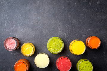 Glasses of fresh juice. Top view