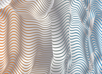 Parallel bands of metal with a gradient fill. Bizarre curved shape. Acrylic patterns. Background for presentations or wallpaper on the screen