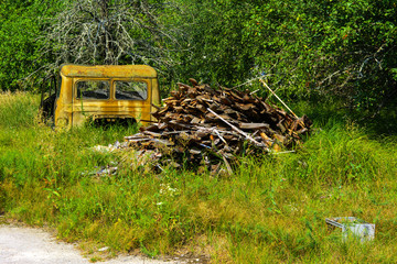 Abandoned truck rusty cab. Dead military unit. Consequences of the Chernobyl nuclear disaster, August 2017.