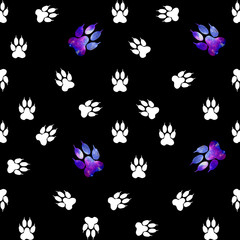 Seamless pattern with white paws on a black background. Paw with a space pattern.