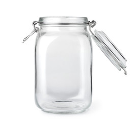 Opened empty glass jar isolated on a white background - obrazy, fototapety, plakaty