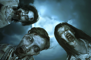 Portrait group of asian bloody zombies with wounded face