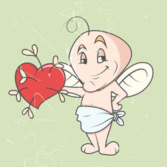 Funny Kid Cupid Holding a Heart - Retro Graphic Design