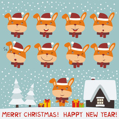 Merry christmas and Happy new year! Set face bunny rabbit for christmas and new year design. Collection isolated heads of bunny rabbit in cartoon style.