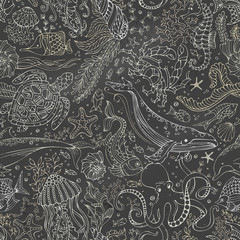 Obraz premium Vector chalk underwater sea life boundless blackboard background.