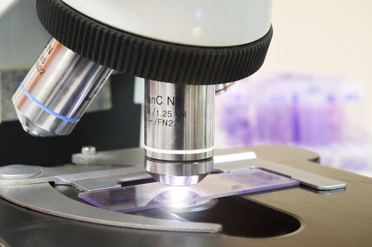 close up shot of microscope at the blood laboratory