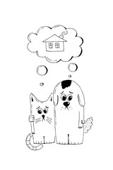 Abandoned puppy and kitten, adopt, animal cruelty, hand drawn illustration. Sad homeless puppy and kitten looking for a home, vector sketch