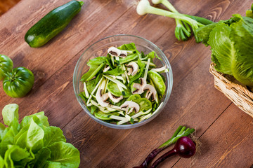healthy vegan lunch bowl, top view vegetables salad