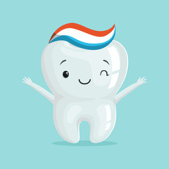 Cute healthy white cartoon tooth character with toothpaste, childrens dentistry concept vector Illustration