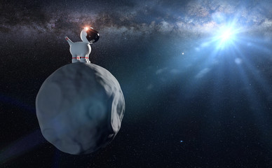 cute cartoon space dog in white space suit standing on an asteroid in front of the Milky Way galaxy - obrazy, fototapety, plakaty