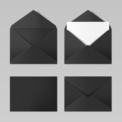 Set of blank black color realistic envelopes mockup