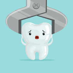 Sad cartoon tooth character extraction by dental forceps, childrens dentistry concept vector Illustration