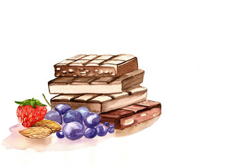  Colorful illustration stack of chocolate bars, with nut and fruit, for decorating a chocolate wrapper