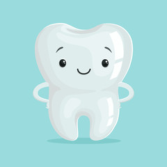 Cute healthy white cartoon tooth character, childrens dentistry concept vector Illustration