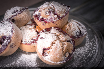 Heidelbeer-Muffins mit Puderzucker auf Glasplatte