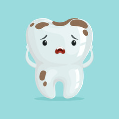 Cute sad cartoon tooth character with coffee stains, childrens dentistry concept vector Illustration