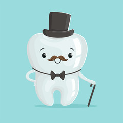 Cute healthy white cartoon tooth gentleman character wearing black top hat, childrens dentistry concept vector Illustration