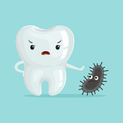 Cute healthy white cartoon tooth character fighting with cavities, childrens dentistry concept vector Illustration