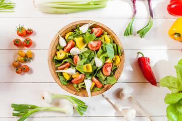 healthy vegan lunch bowl, top view vegetables salad