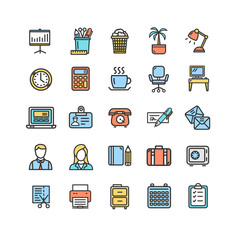 Symbol Office Work Color Thin Line Icon Set. Vector