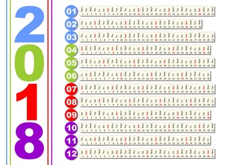 Simple calendar in unusual design. Months in horizontal stripes, background solved with minimalist graphic shapes, colored year number and month number