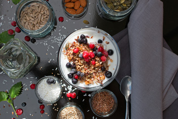 Granola on yogurt with berries on top 