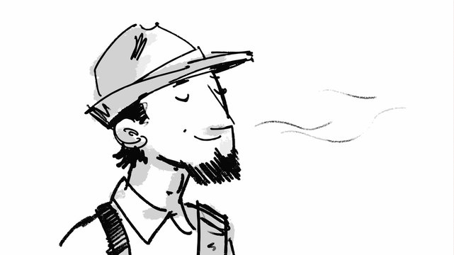 Man face smelling something good. Vector sketch for storyboard, cartoon, projects