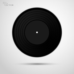 New gramophone vinyl record with red label. Black musical long play album disc 33 rpm. old technology, realistic retro design, vector art image illustration, isolated on white background