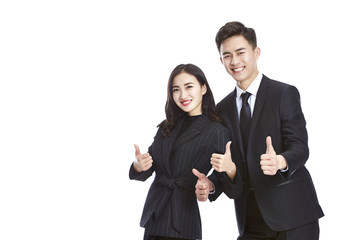 asian business man and woman using digital tablet, isolated on white background. 