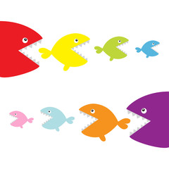 Fish set eating each other. food chain. Cute cartoon colorful character. Baby kids collection. White background. Isolated. Flat design