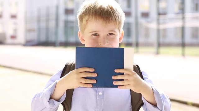 A cheerful child in the background of the school. A schoolboy with a book 