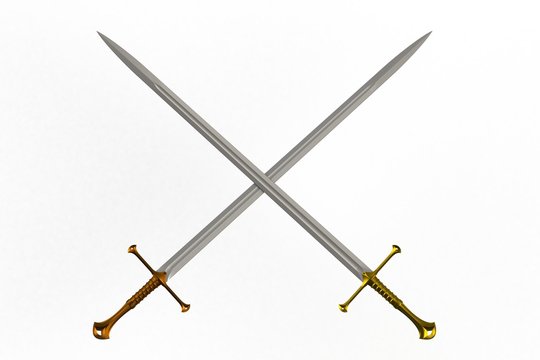 Two crossed swords, isolated on white background, 3D rendering