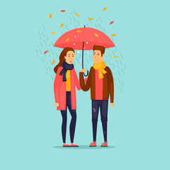 Autumn couple with an umbrella in the rain. Flat design vector illustration.