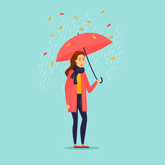 Autumn girl with an umbrella. Flat design vector illustration.