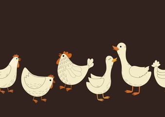 Seamless pattern with cute cartoon farm birds