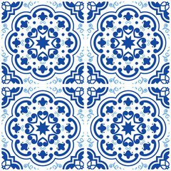 Azulejos Portuguese tile floor pattern, Lisbon seamless indigo blue tiles, vintage geometric ceramic design, Spanish vector background