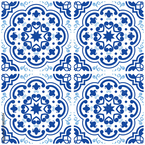 Azulejos Portuguese Tile Floor Pattern Lisbon Seamless Indigo Blue Azulejos Portuguese Tile Floor Pattern Lisbon Seamless Indigo Blue Tiles Vintage Geometric Ceramic Design Spanish Vector Background