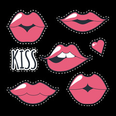 Different women's lips icon set isolated from black background. Red lips close up girls. Shape sending a kiss, kissing lips. Collection of women's mouths and multicolored lips symbol.