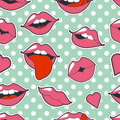 Glamorous quirky seamless background. illustration for fashion design. Bright pink makeup kiss mark. Passionate lips in cartoon style of the 80 s and 90 s isolated on with polka dots.