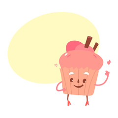 Vector sweet humanized cupcake, brownie character with arms and legs. Flat cartoon isolated illustration on a white background. Funny smiley dessert with speech bubble