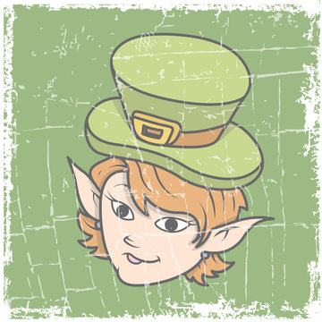 Happy Young Leprechaun Girl Face Expression - Retro Grunge Graphic