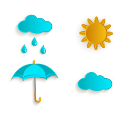 vector cartoon autumn symbol objects set. Isolated illustration on a white background. Rain cloud, sun and umbrella. Autumn object concept
