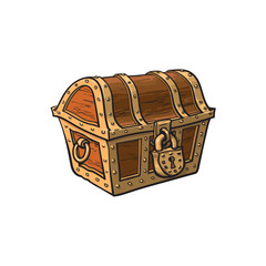 vector closed locked wooden treasure chest. Isolated illustration on a white background. Flat cartoon symbol of adventure, pirates, risk profit and wealth.