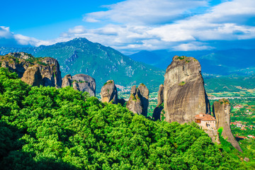Landscape with monasteries and rock formations in Meteora, Greece.
