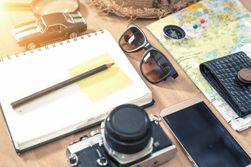 Overhead view of Traveler's accessories, Travel concept background