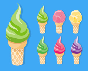 Set of many ice cream cone flavors. kind of sweet desserts food. different varieties including matcha green tea, strawberry, vanilla, blueberry in flat style. Vector illustration