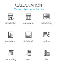 Calculation theme, line icon set.