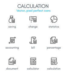 Calculation theme, line icon set.