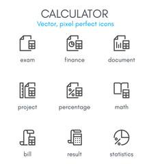 Calculation theme, line icon set.