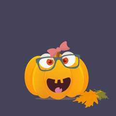 Vector cartoon styled illustration: Halloween pumpkin character or mascot with happy girl face. Cute girlie halloween pumpkin smiling head isolated.
